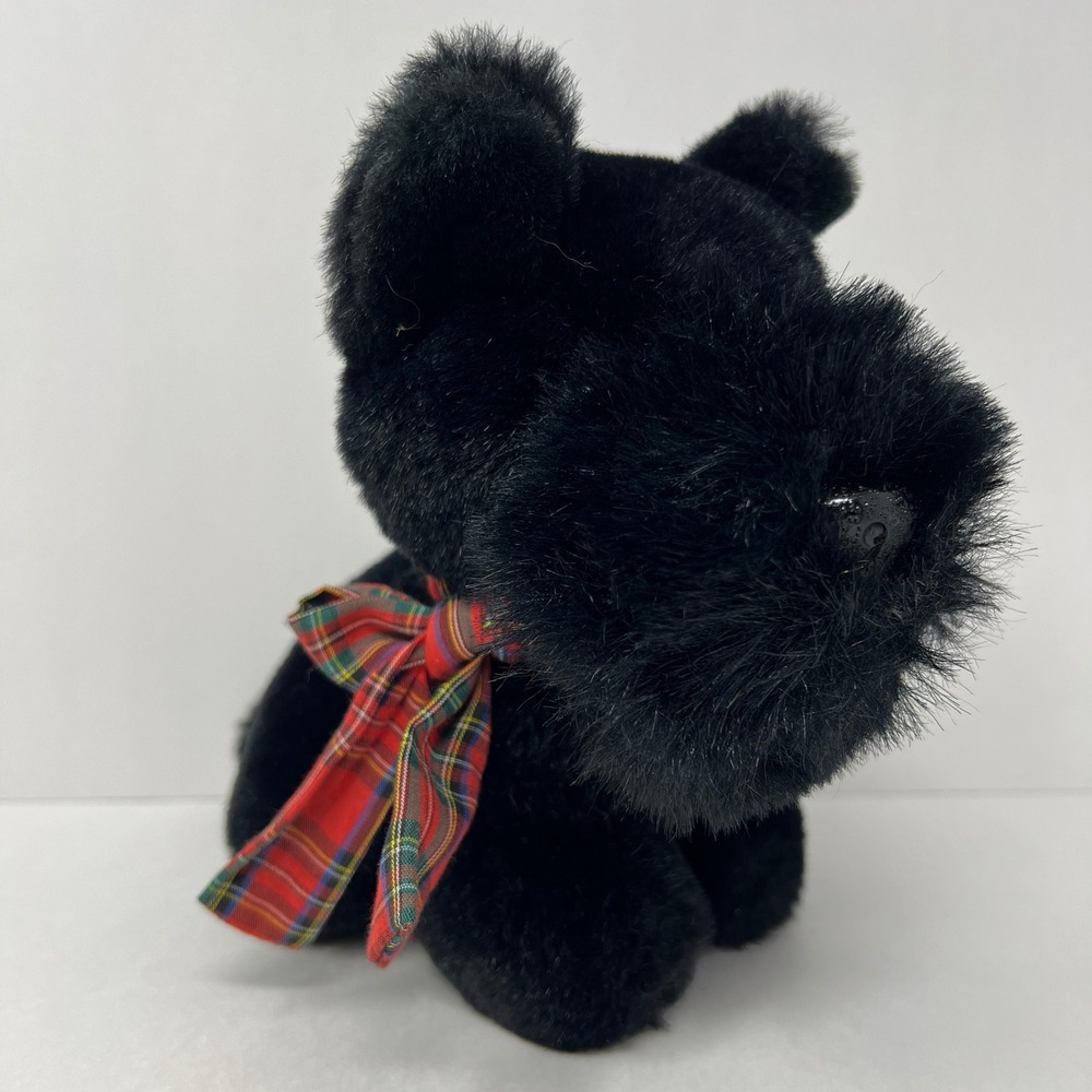Vtg Hamleys Scottish Terrier Plush 8 inch Black Tartan Bow Dog‎ Toy 1987 1993